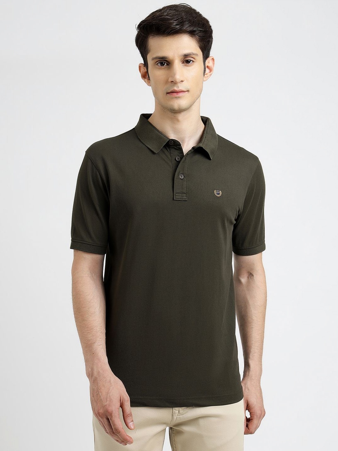 

JADE BLUE Men Solid Polo Collar Cotton Slim Fit T-shirt, Green