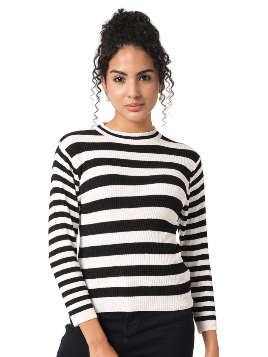 

Kraus Jeans Women Striped Round Neck Cotton Slim Fit T-shirt, White