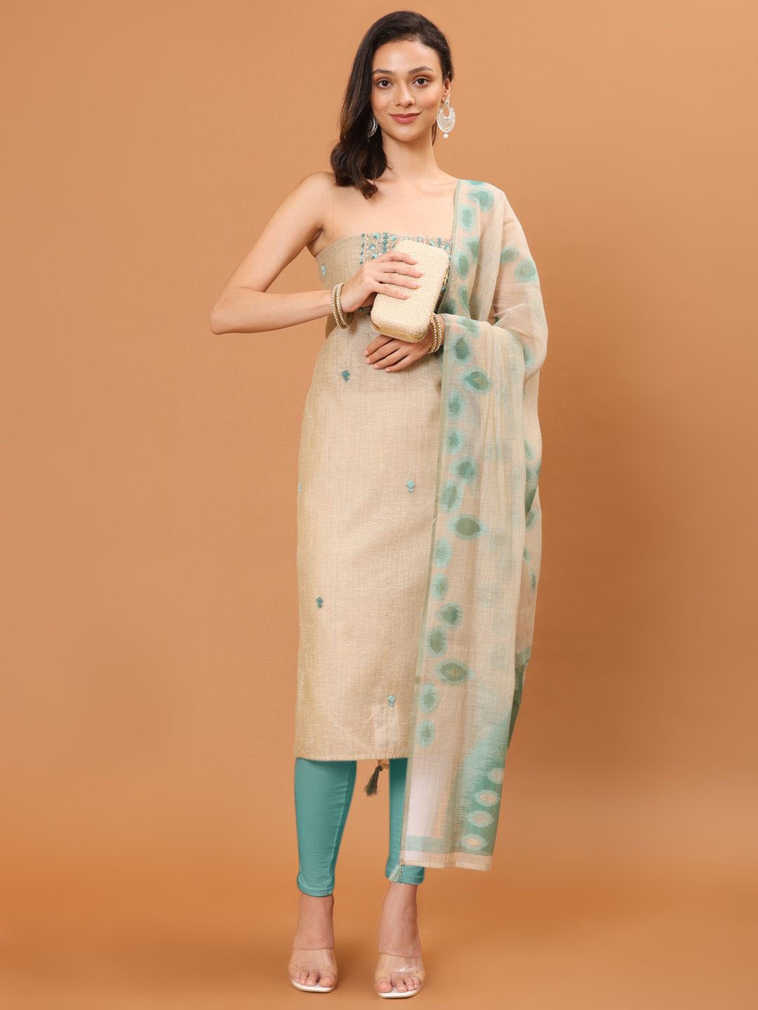 

Meena Bazaar Embroidered Art Silk Unstitched Dress Material, Beige