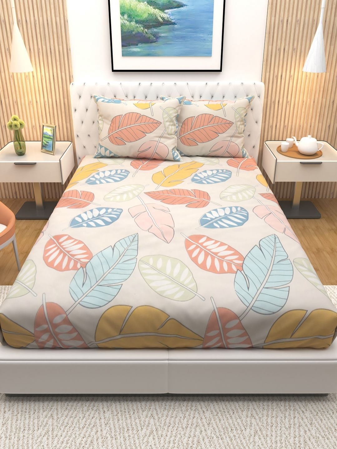 

Aura White & Blue Floral Printed Cotton 180 TC Queen Bedsheet & 2 Pillow Covers