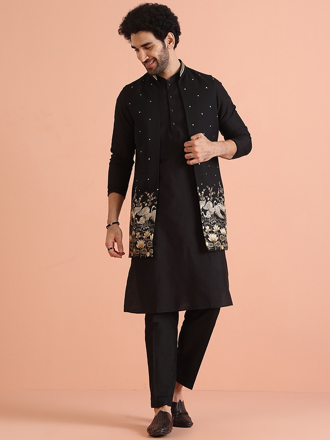 

KISAH Men Embroidered Regular Fit Thread Work Kurta Nehru Jacket Trouser Set, Black
