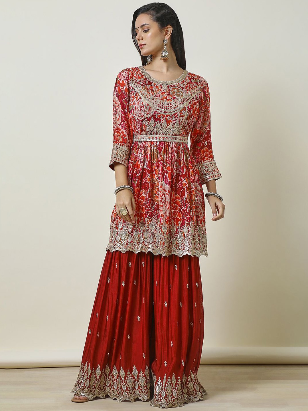 

Soch Ethnic Motifs Embroidered Empire Sequinned Anarkali Kurti with Sharara & Dupatta, Maroon