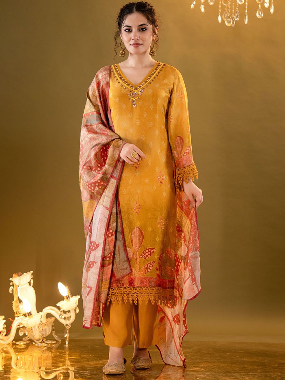 

FASHION DWAR Bandhani Printed V-Neck Beads & Stones Straight Kurta With Trousers & Dupatta, Yellow