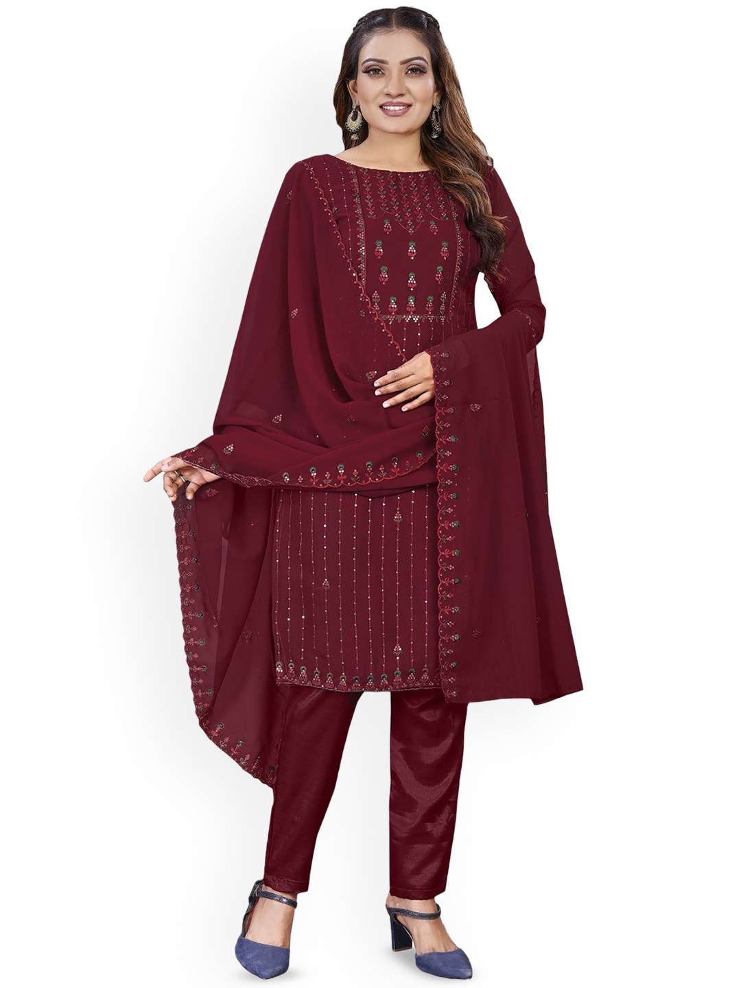 

LADY SHOPI Sequinned Embellished Silk Georgette Unstitched Dress Material, Maroon