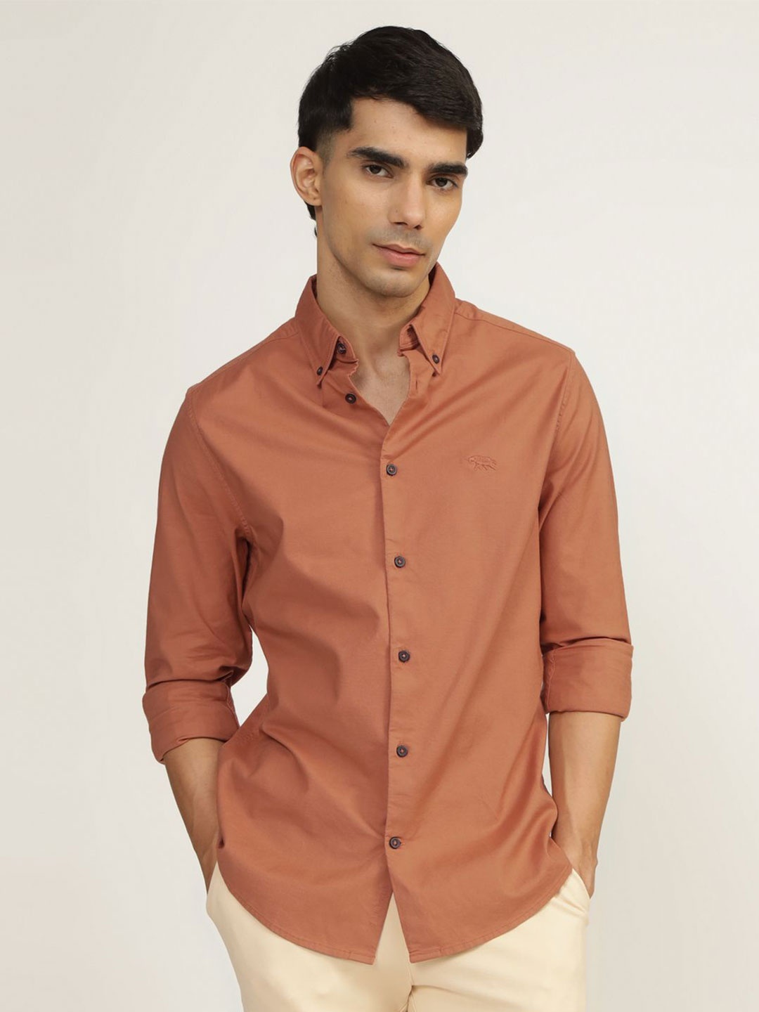 

Andamen Men Premium Button-Down Collar Solid Cotton Slim Fit Casual Shirt, Brown