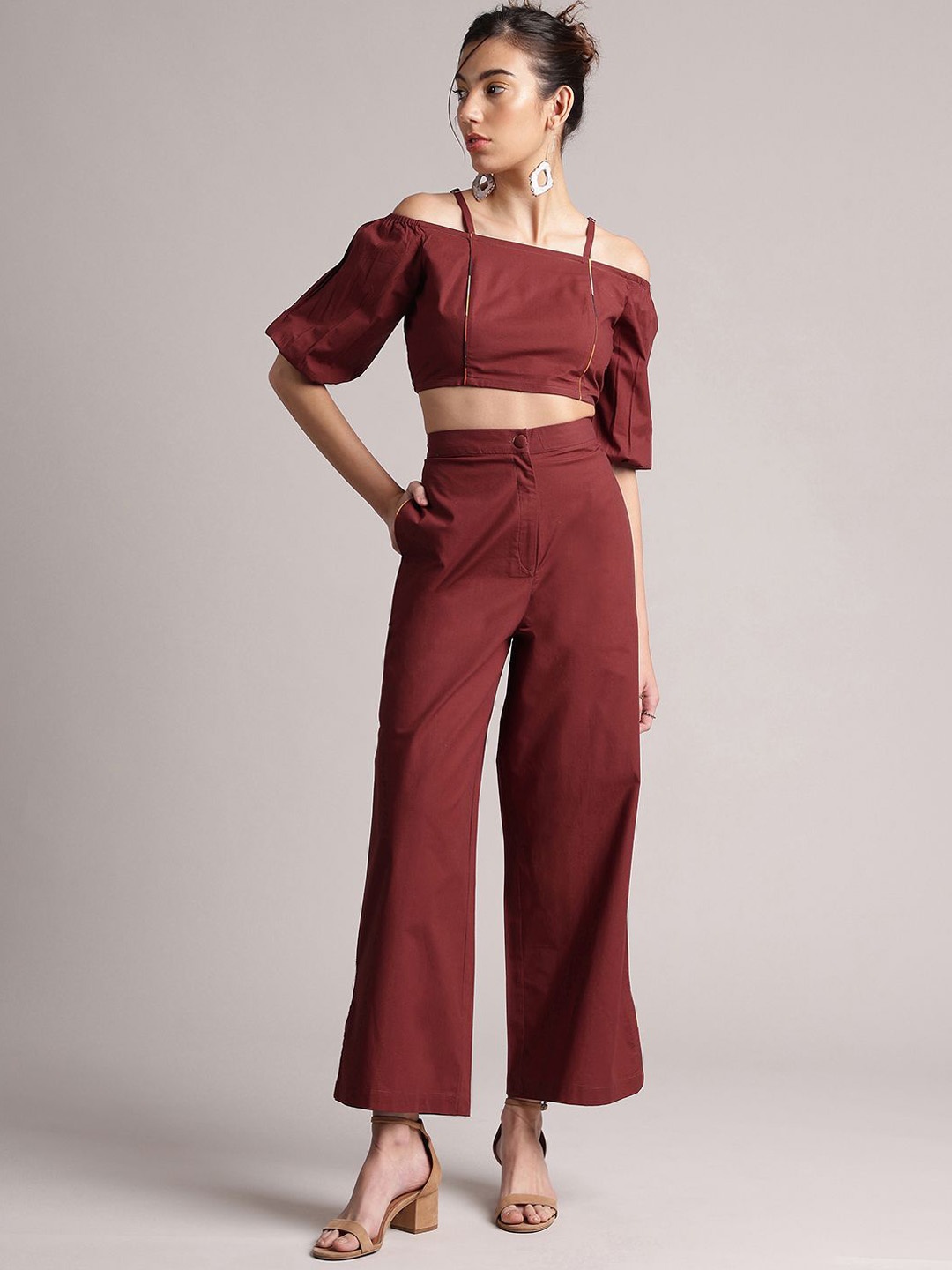 

ZACCAI Shoulder Straps Crop Top With Trousers, Brown