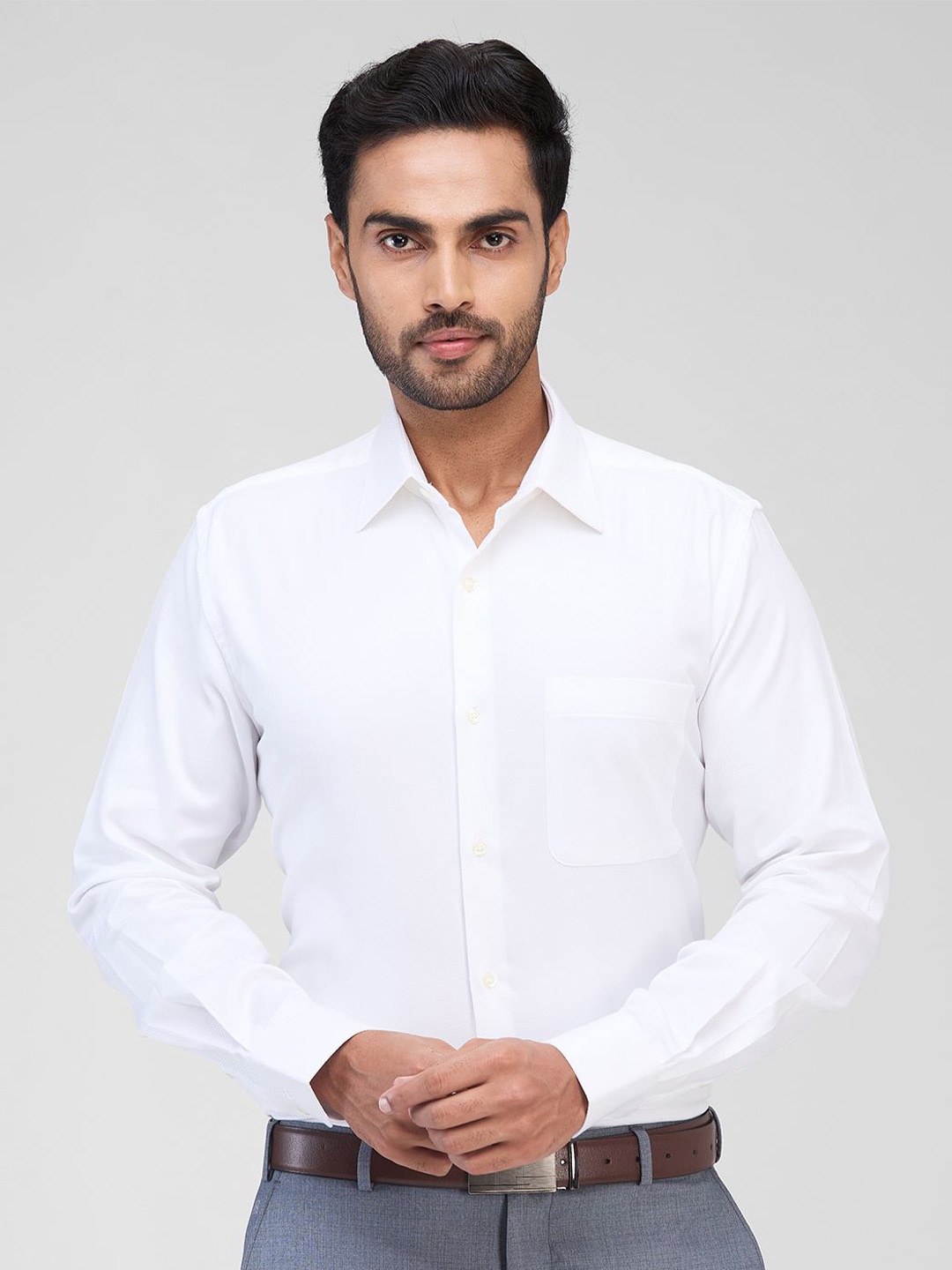 

Raymond Men Contemporary Spread Collar Solid Cotton Formal Shirt, White