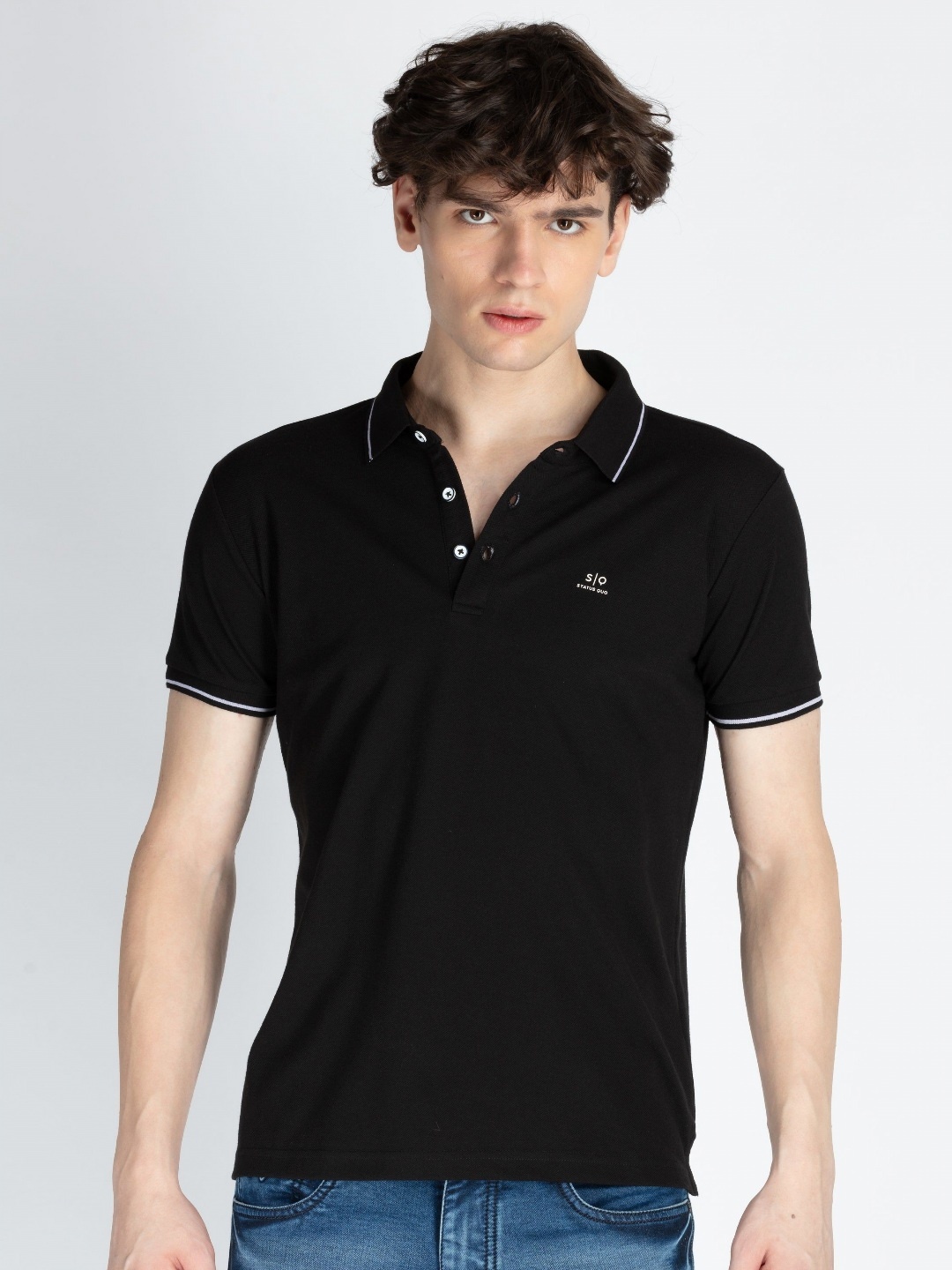 

Status Quo Men Solid Polo Collar Cotton Slim Fit T-shirt, Black