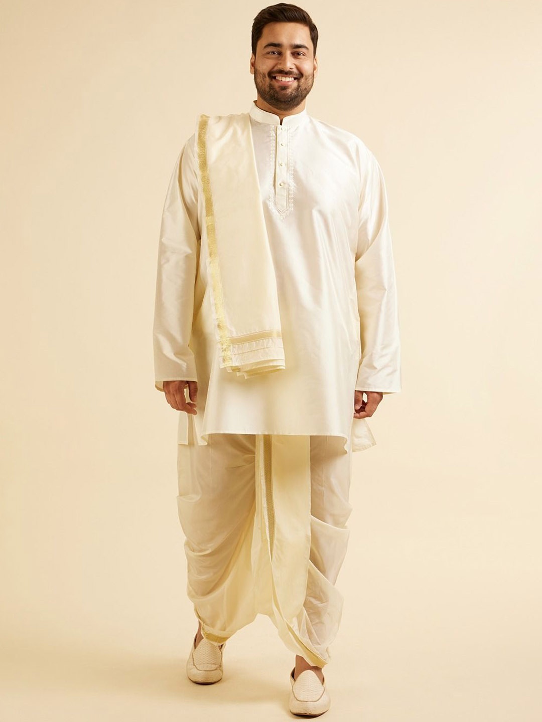

Manyavar Straight Thread Work Kurta with Dhoti Pants & Dupatta, Cream