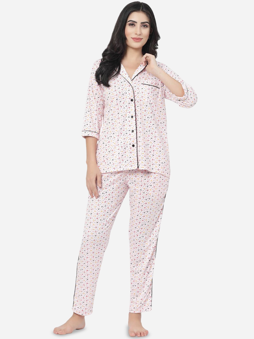 

SHYAM SONS FLAIR Women Polka Dots Printed Night suit, White