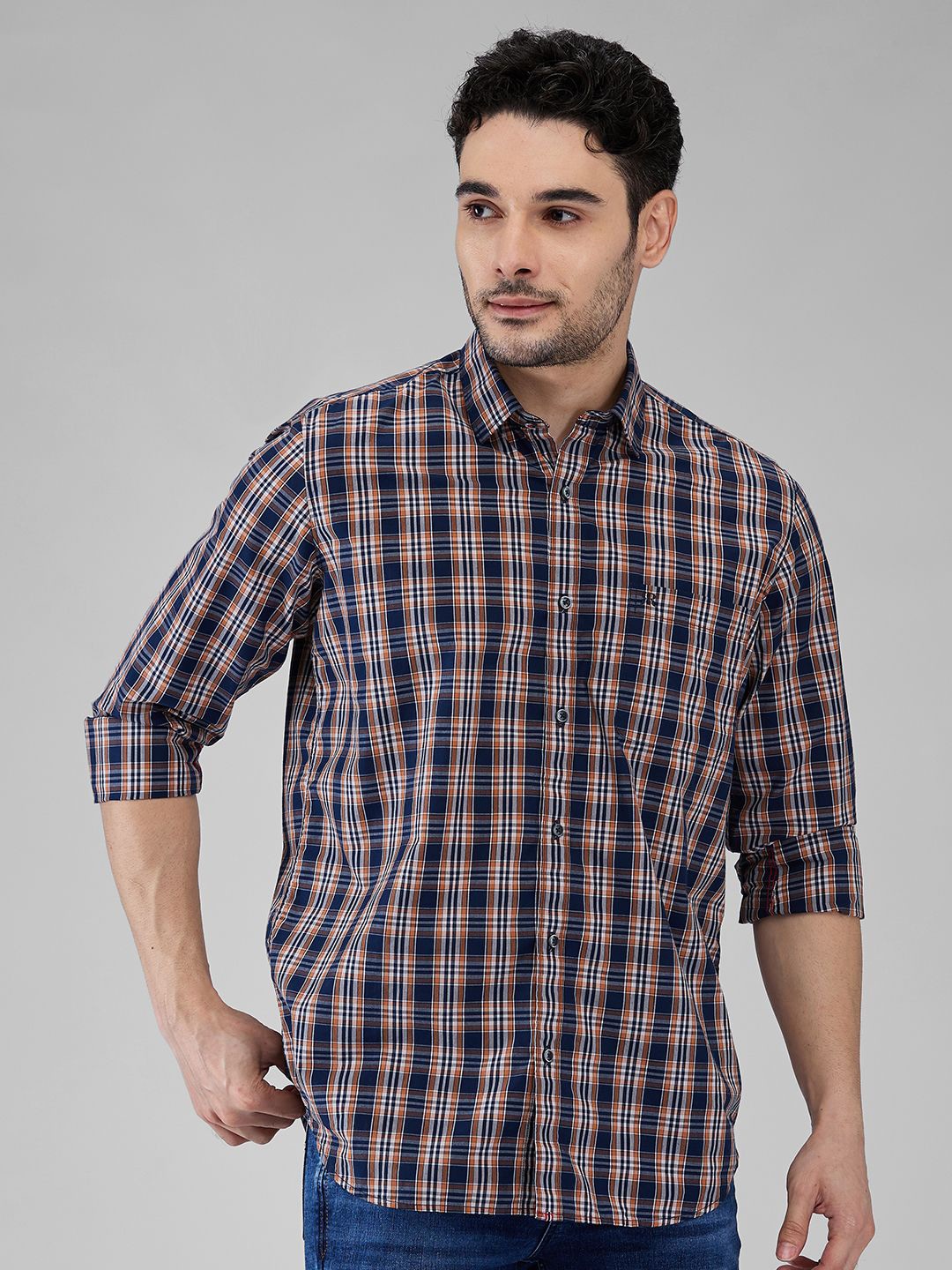 

Raymond Men Spread Collar Tartan Checked Cotton Casual Shirt, Blue