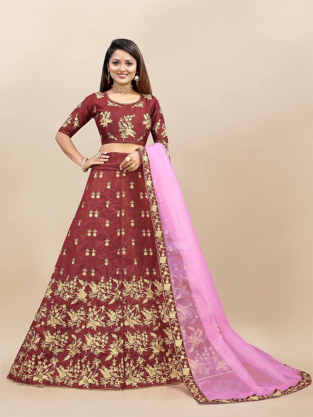 

LADY SHOPI Embroidered Thread Work Semi-Stitched Lehenga & Unstitched Blouse With Dupatta, Maroon