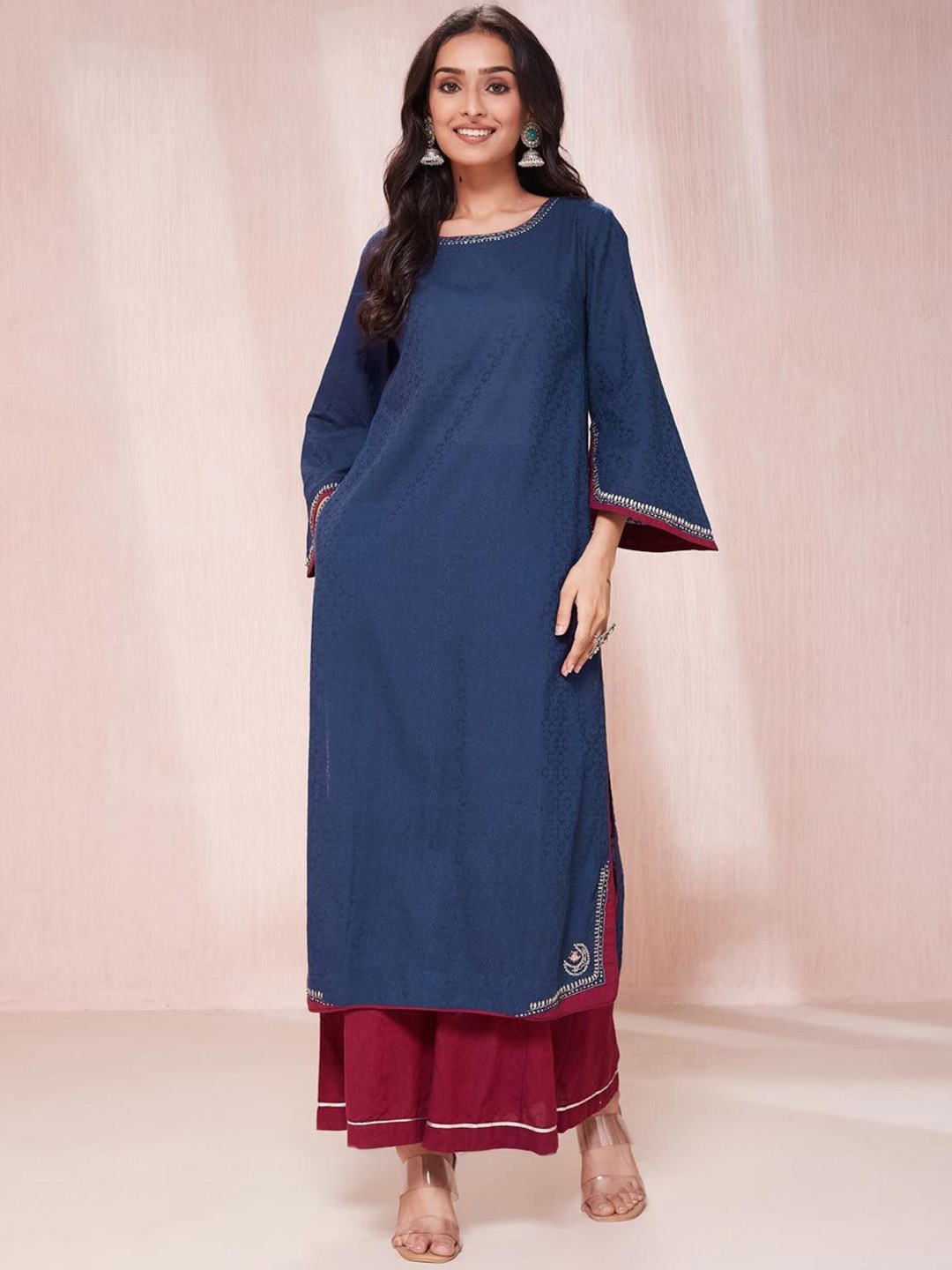 

Fabindia Woven Design Bell Sleeves Cotton Straight Kurta, Blue