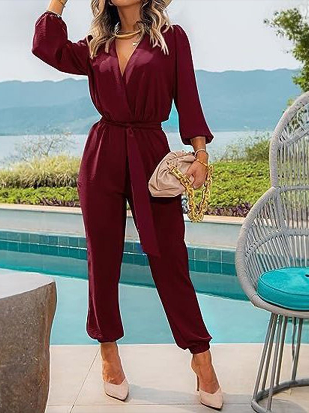 

KPOP V-Neck Long Sleeves Solid Basic Jumpsuit, Burgundy
