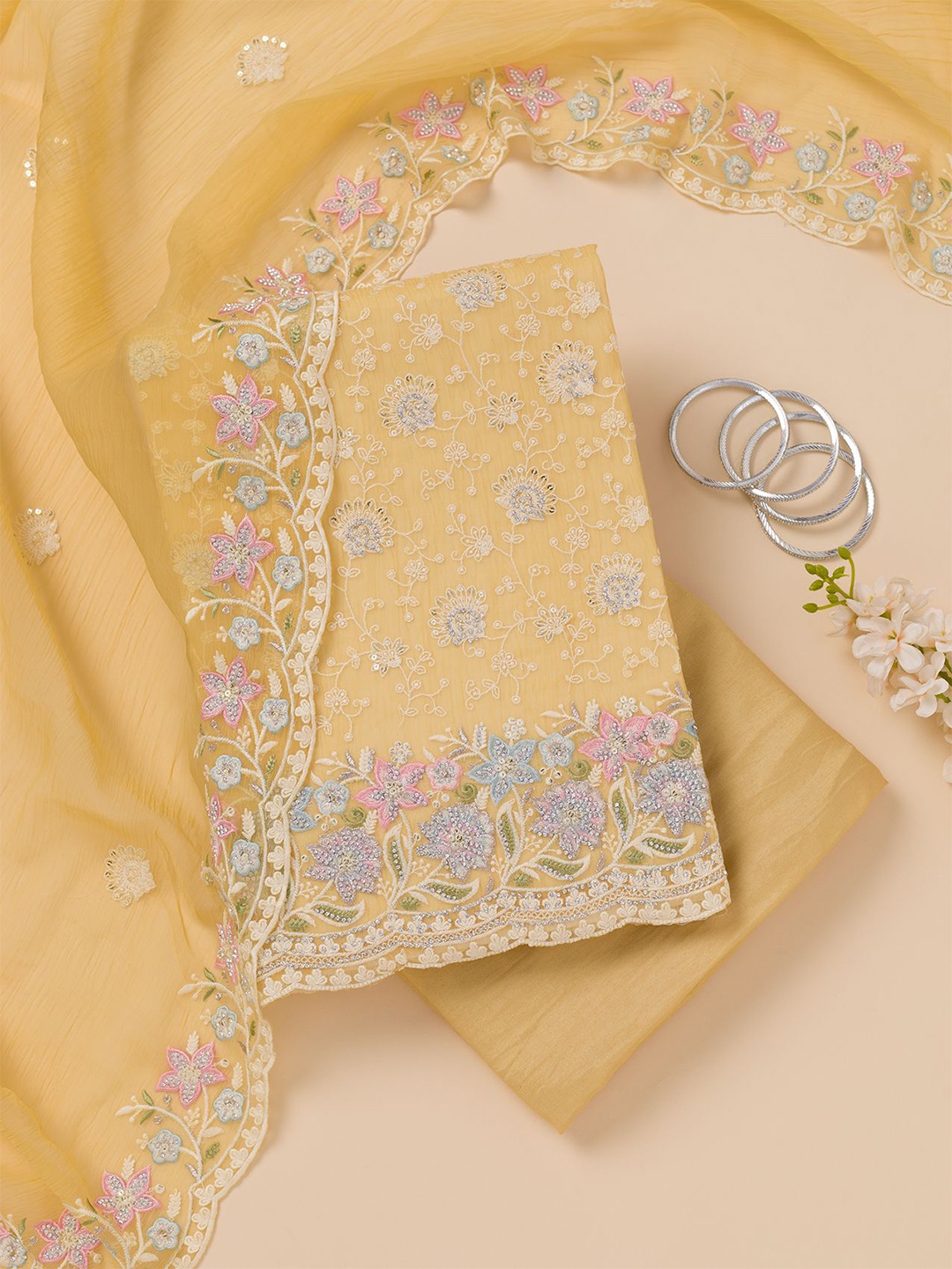 

Koskii Floral Embroidered Sequinned Unstitched Dress Material, Yellow