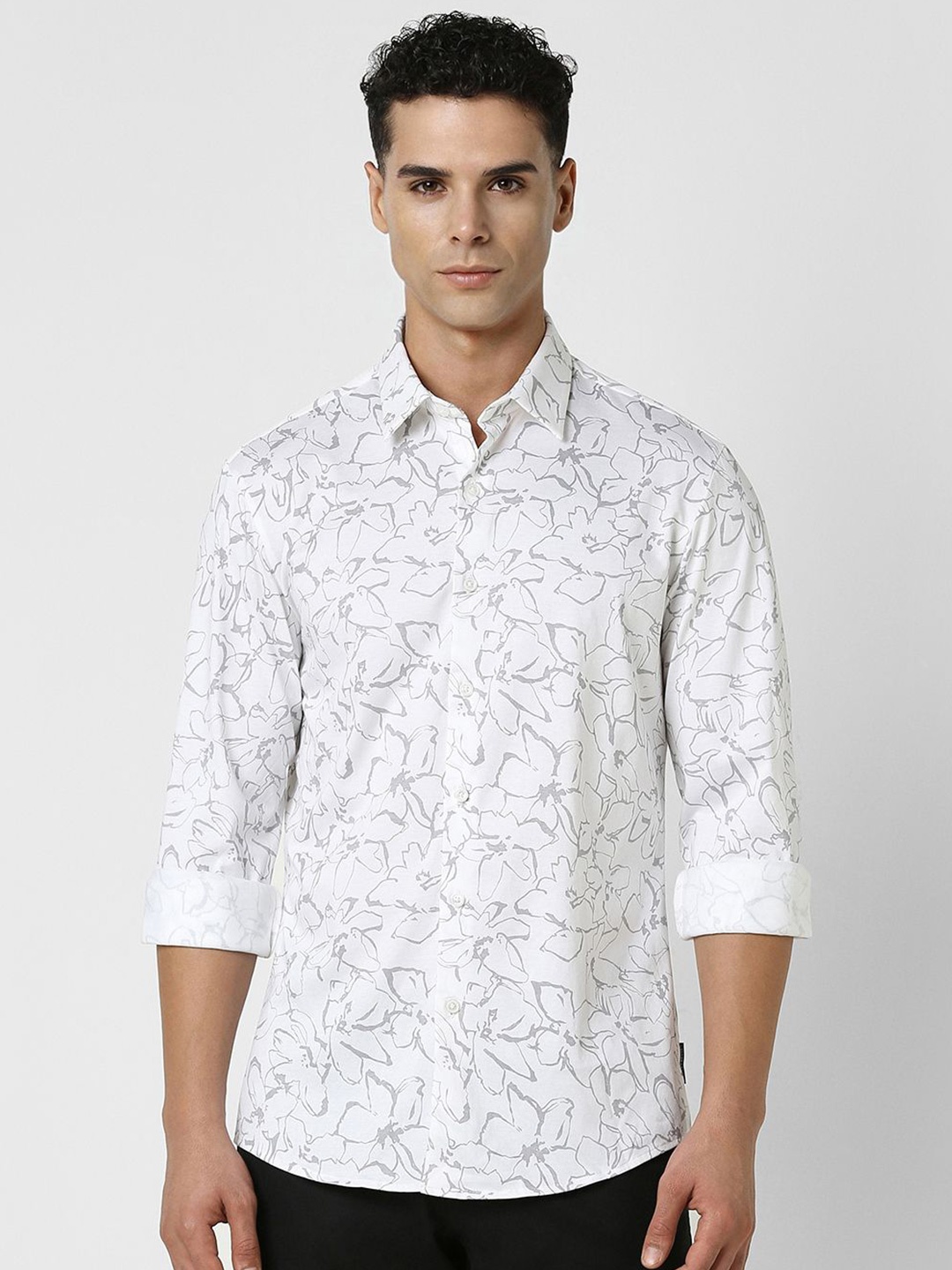 

V Dot Men Spread Collar Floral Printed Cotton Slim Fit Party Shirt, White