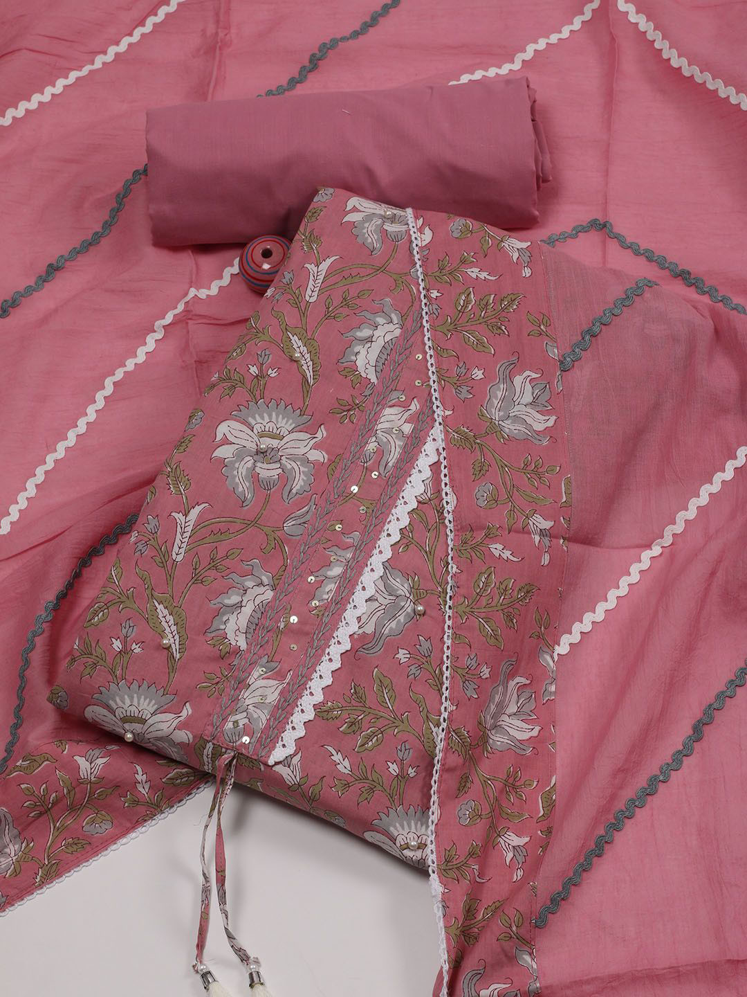 

Meena Bazaar Floral Printed Sequinned Detail Unstitched Dress Material, Pink