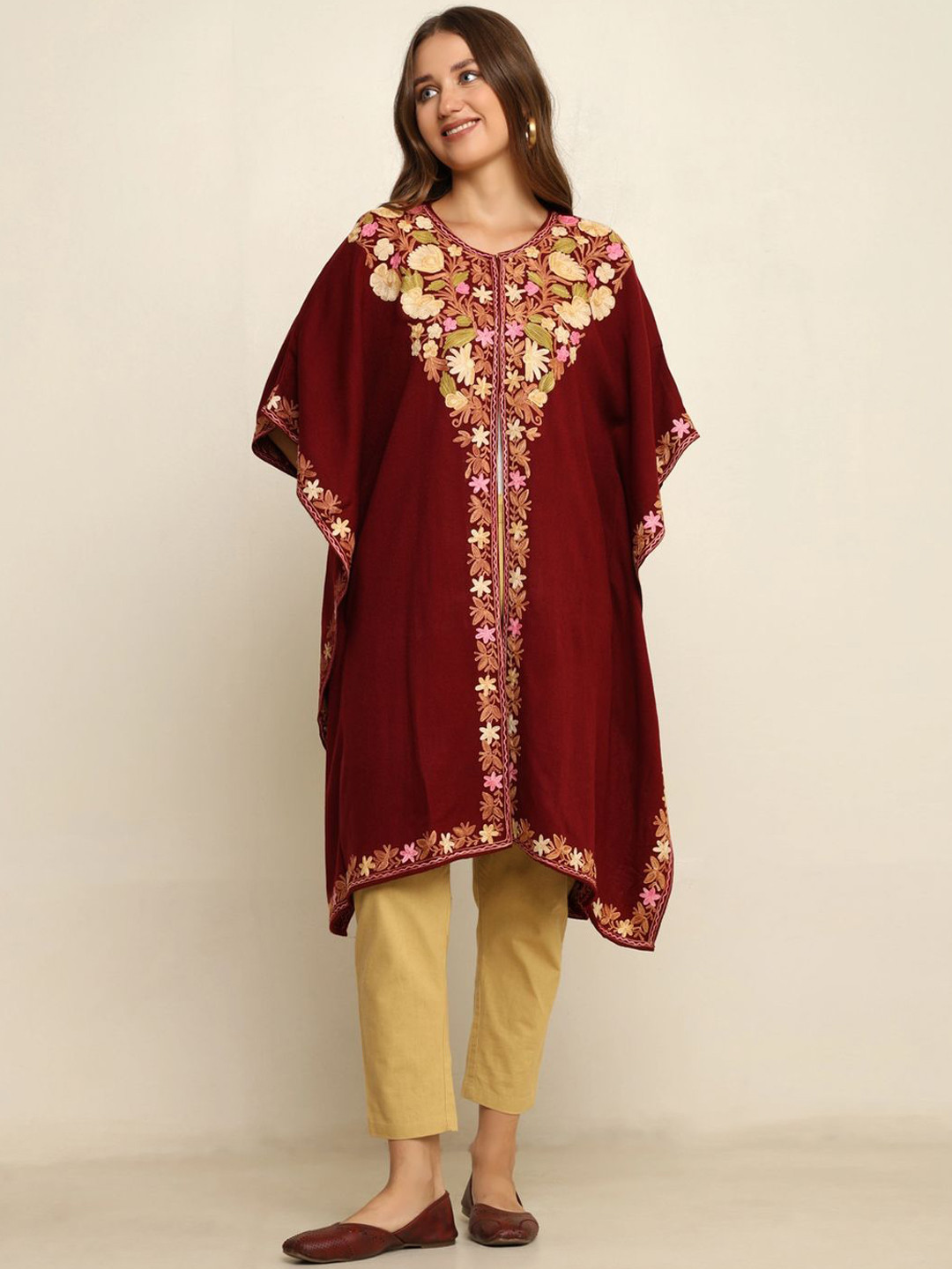 

CRAFTBAZAR Floral Embroidered Flared Sleeves Kaftan Kurta, Maroon