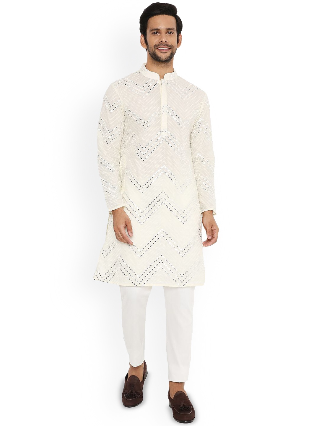 

Be Desi Chevron Embroidered Regular Mirror Work Kurta With Trousers, Cream