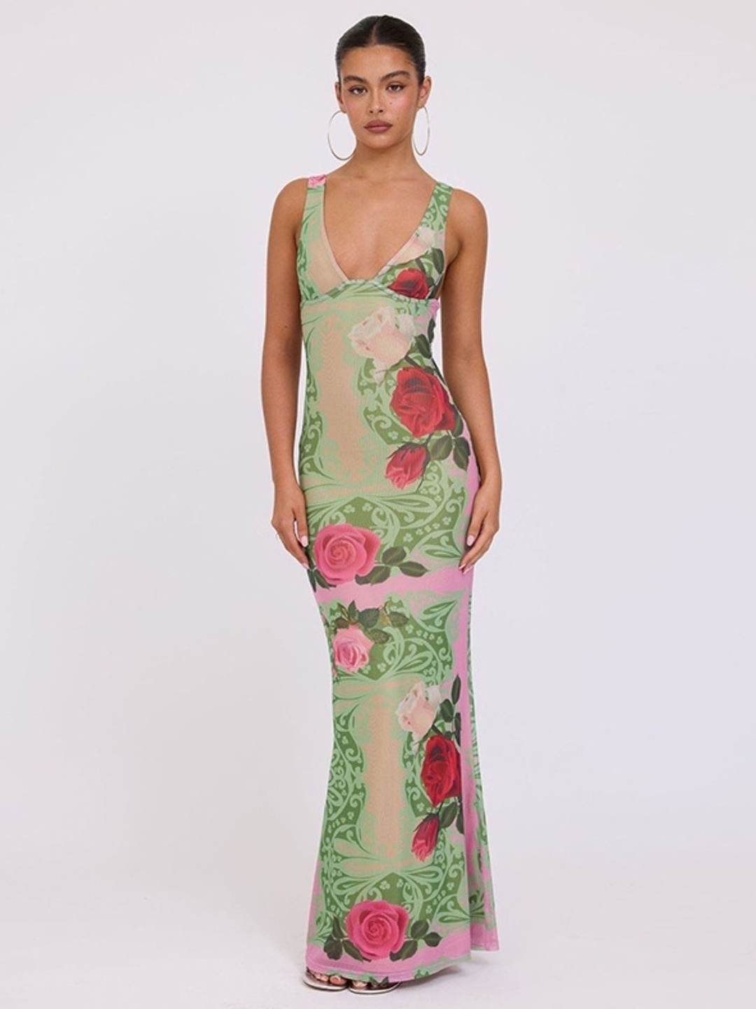 

KPOP Floral Printed Maxi Dress, Green