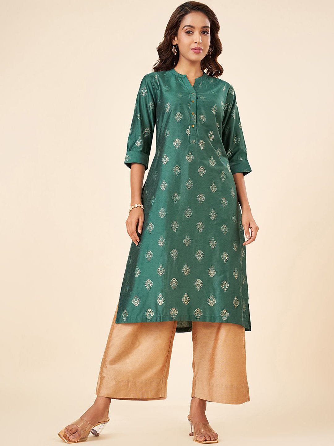 

RANGMANCH BY PANTALOONS Ethnic Motifs Embroidered Mandarin Collar Straight Kurta, Turquoise blue