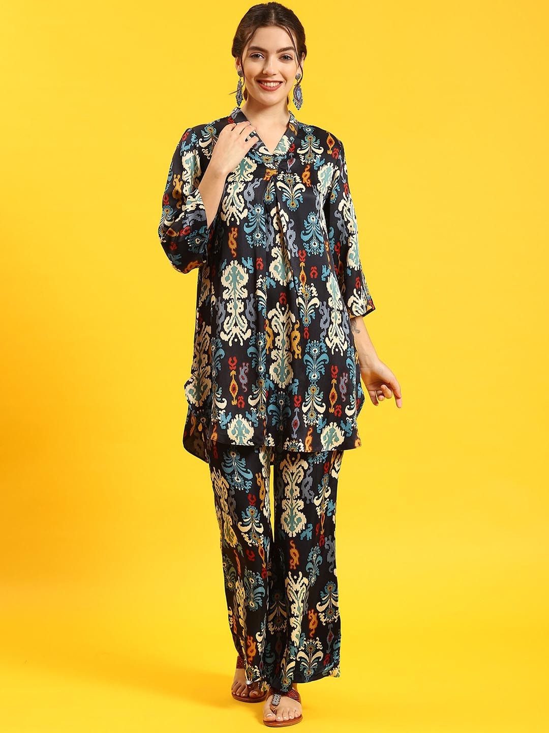 

Shree Aztec Floral Printed V Neck Tunic With Trousers, Black