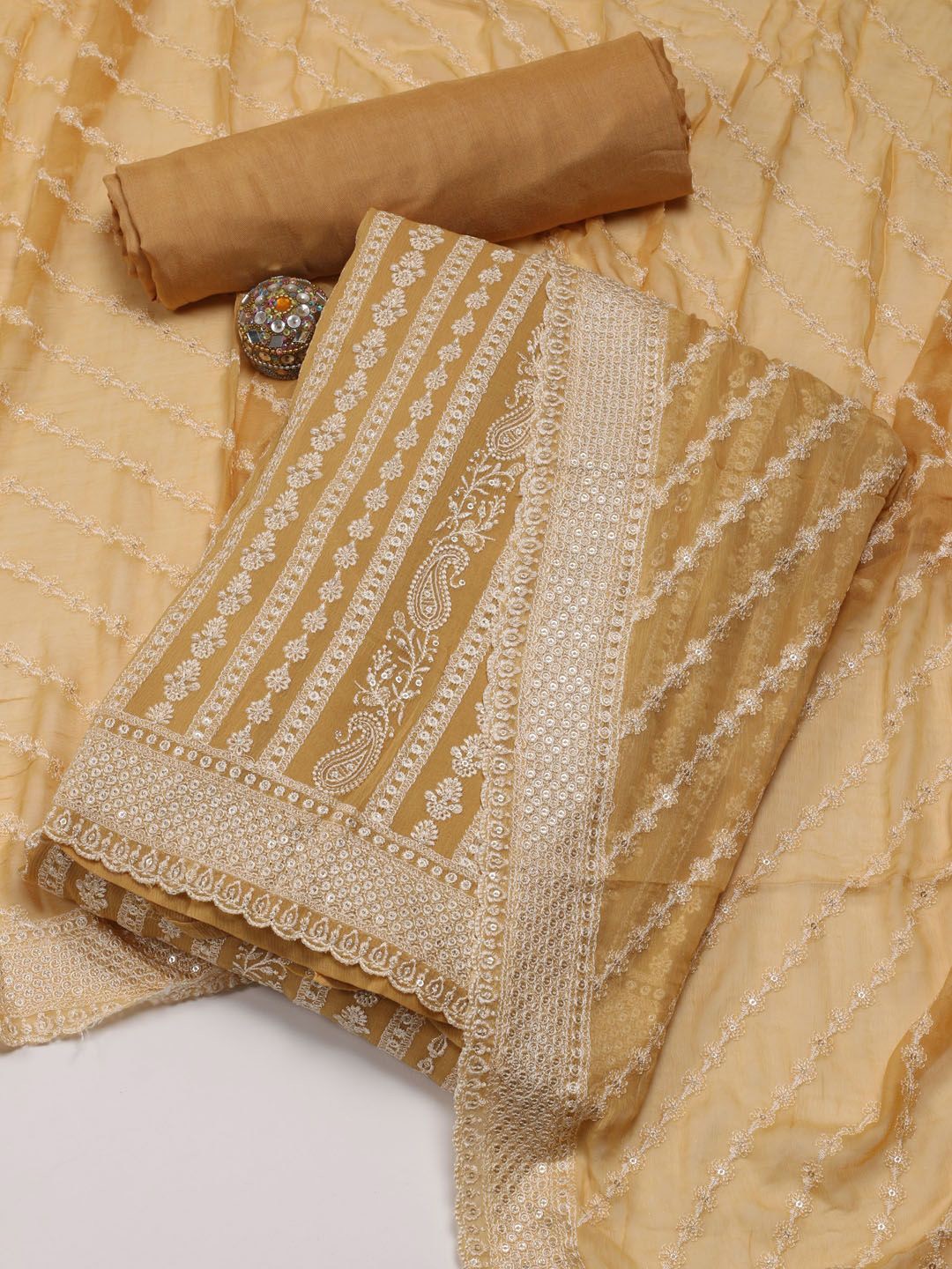 

Meena Bazaar Embroidered Unstitched Dress Material, Mustard