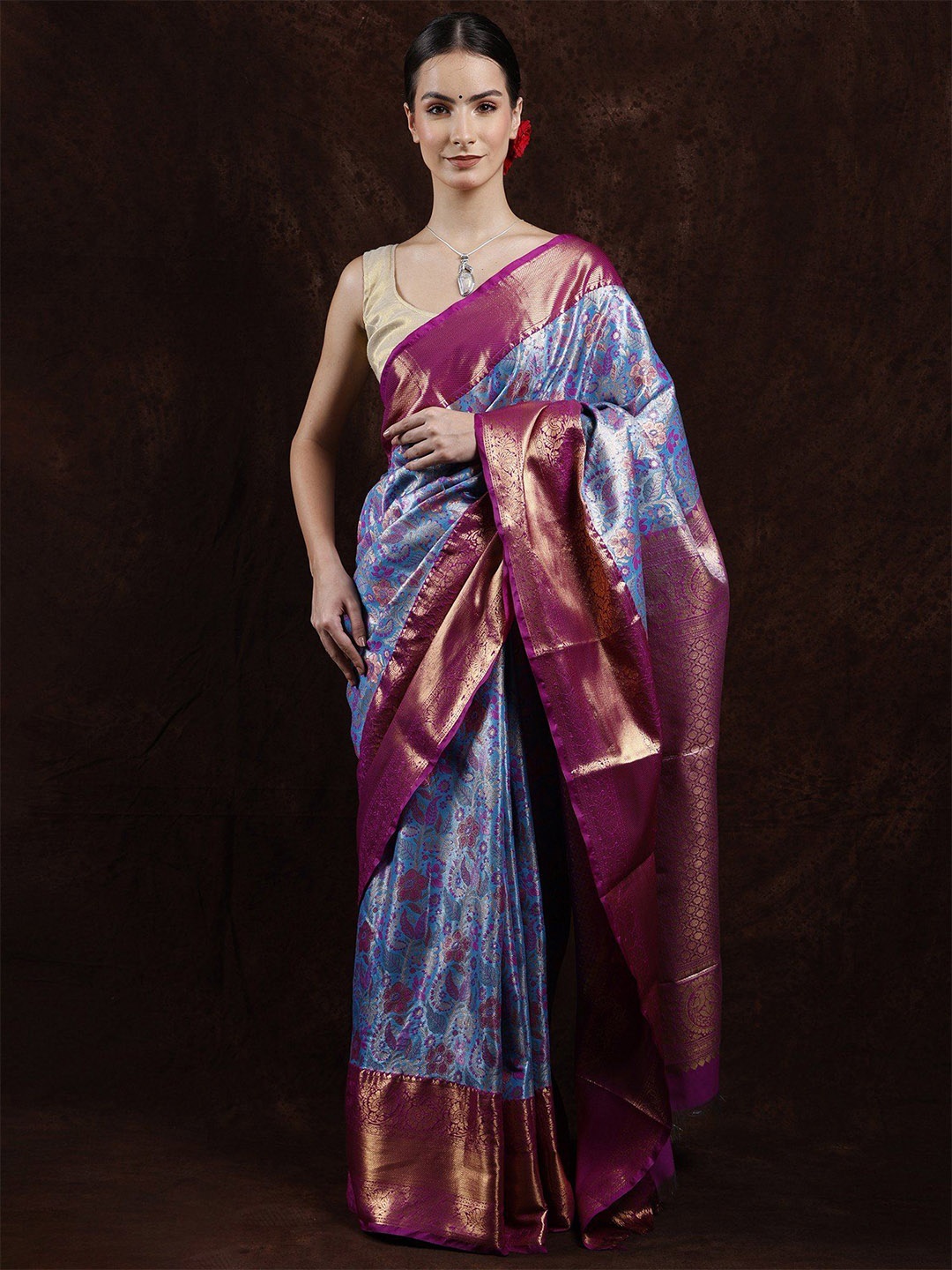 

Exotic India Multi Thread Vine Kanjivaram Saree with Zari Woven Peacocks & Flowers Border, Blue