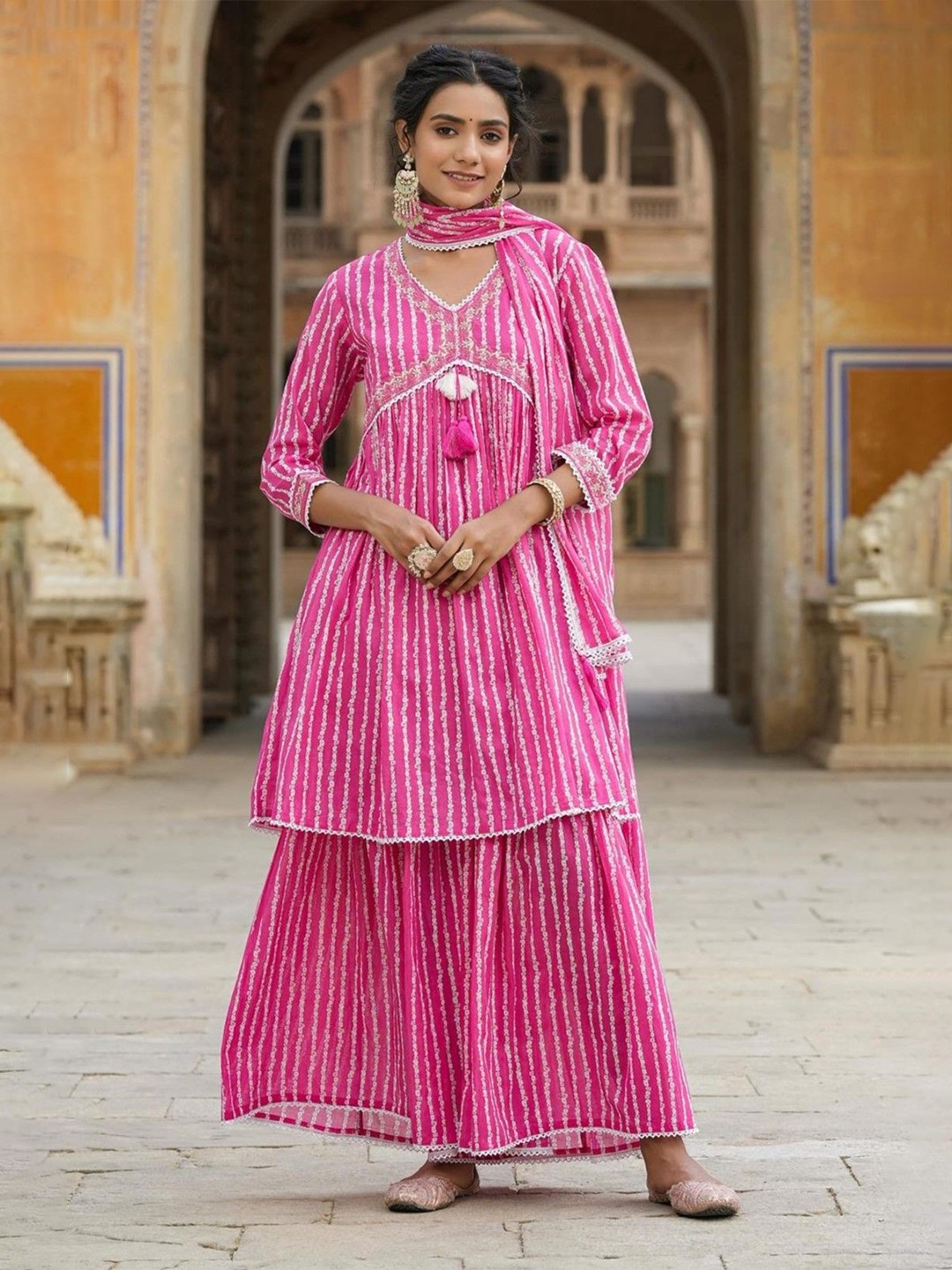 

SCAKHI Bandhani Printed Beads And Stones Anarkali Cotton Kurti With Sharara & Dupatta, Pink