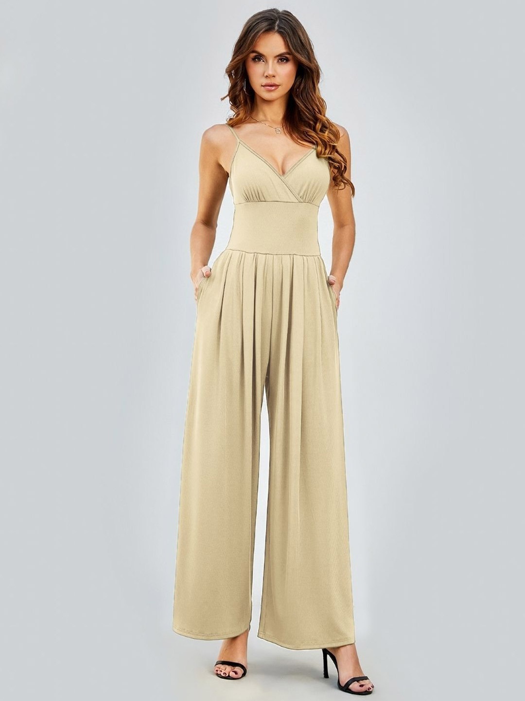

KPOP Women Solid V-Neck Sleeveless Basic Jumpsuit, Khaki