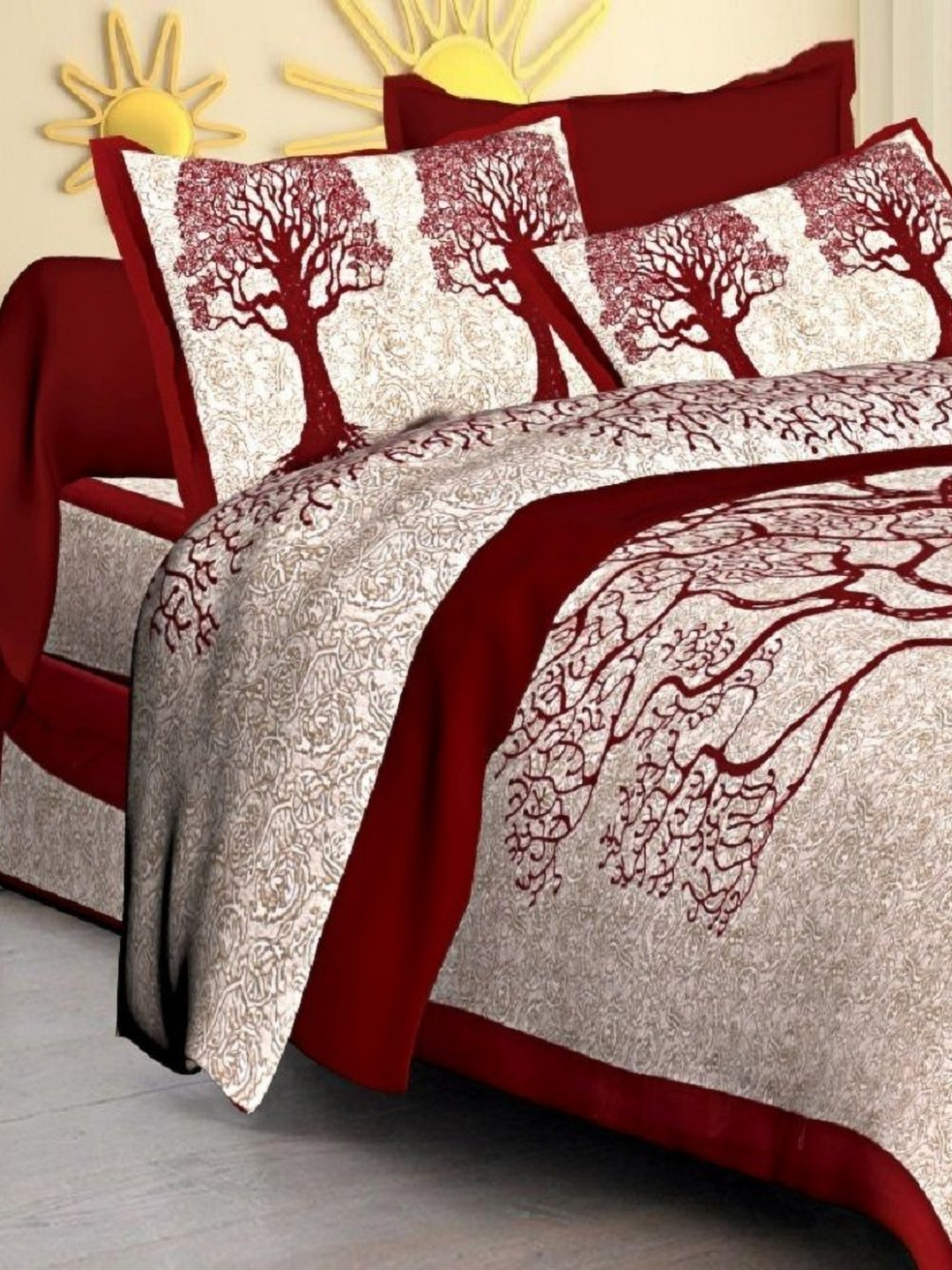 

AYAT COLLECTION Red Floral Printed Pure Cotton 144 TC Queen Bedsheet & 2 Pillow Covers