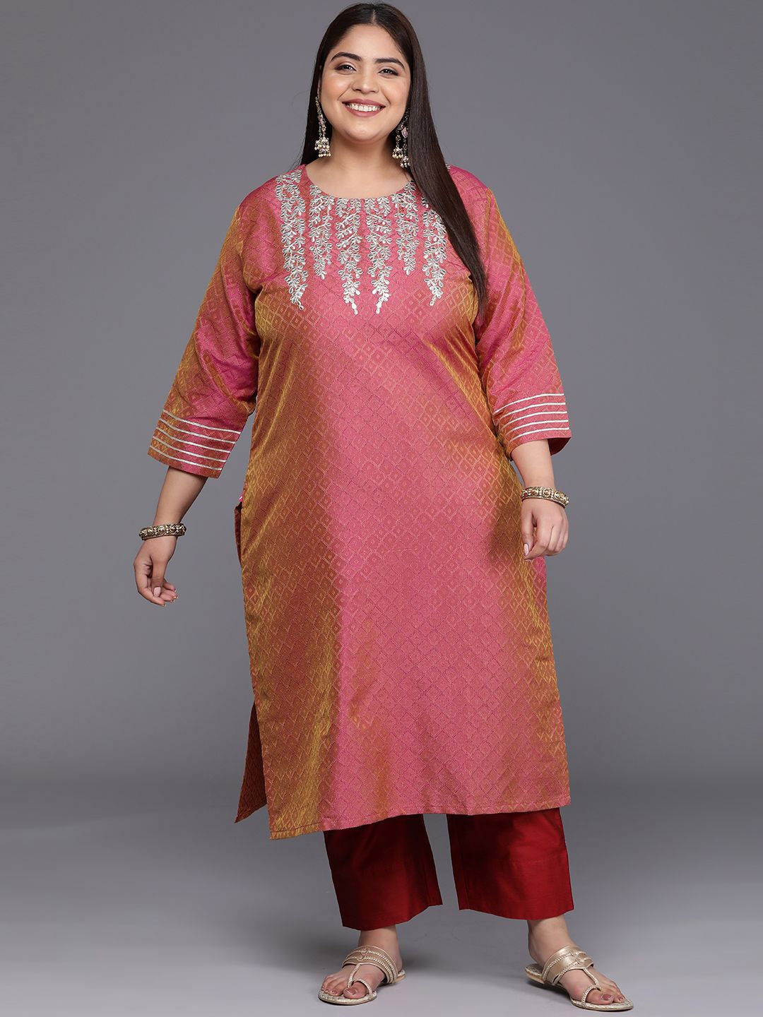 

Sztori Plus Size Floral Embroidered Round Neck Gotta Patti Silk Straight Kurta, Coral