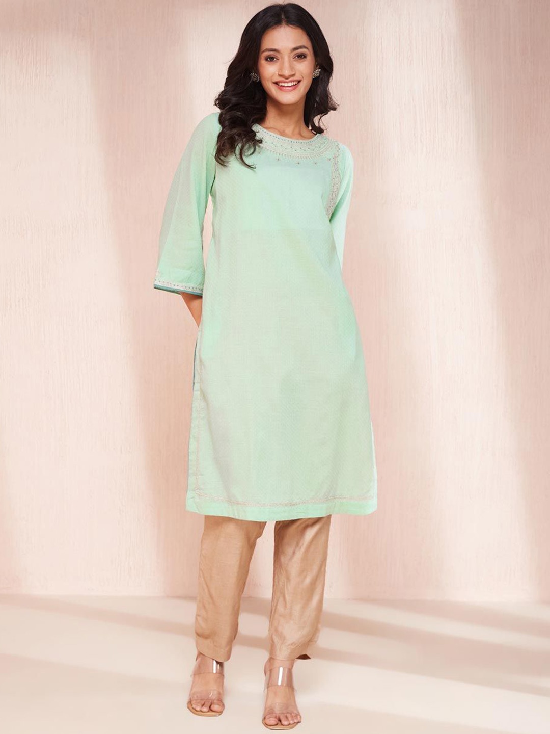 

Fabindia Woven Design Round Neck Zari Cotton Straight Kurta, Green