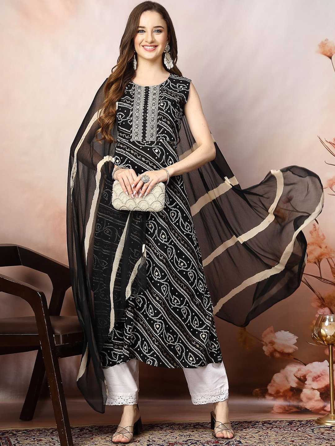 

Stylum Black & White Bandhani Printed Ruffles A Line Kurta With Dupatta