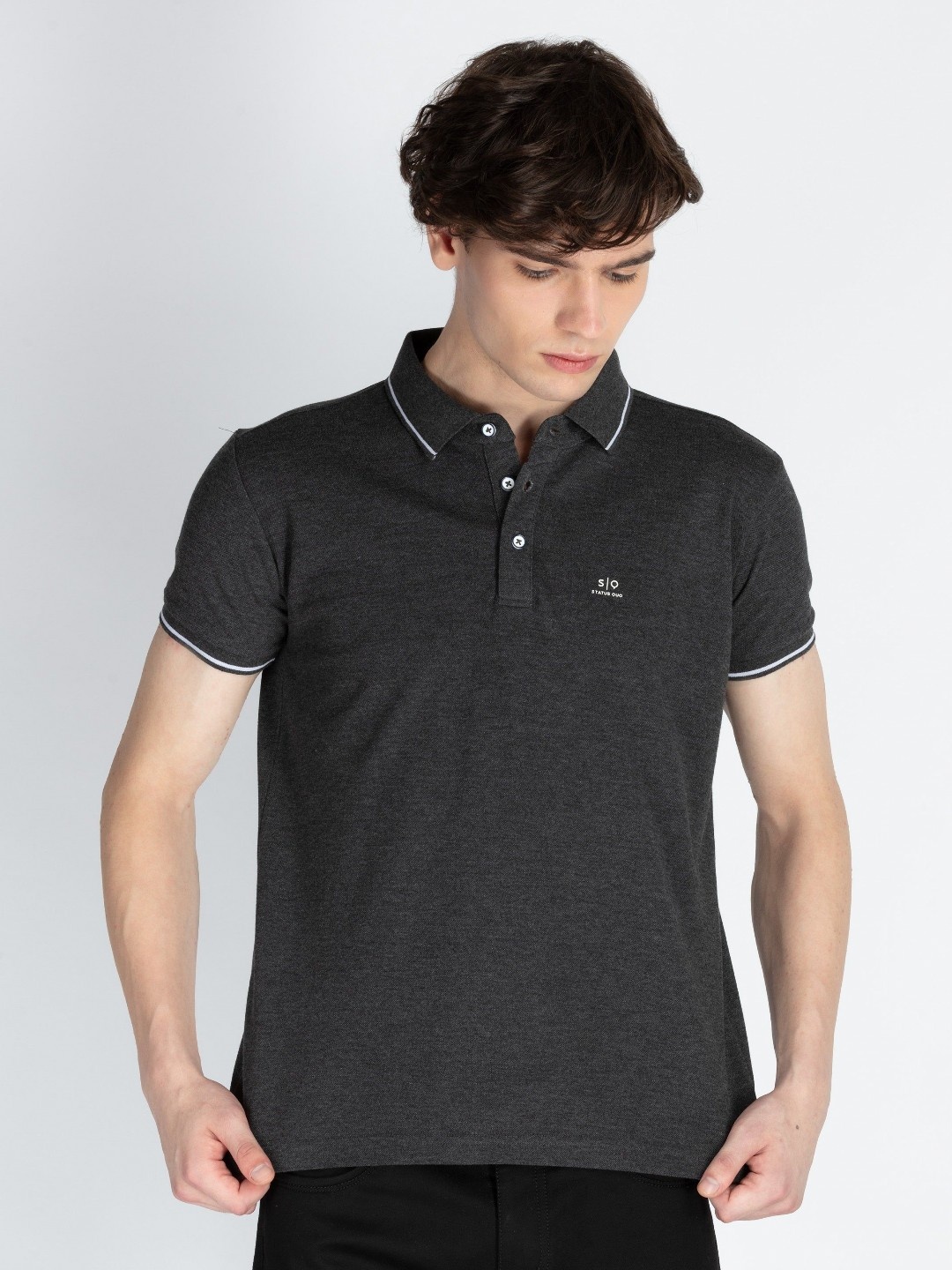 

Status Quo Men Solid Polo Collar Cotton Slim Fit T-shirt, Grey