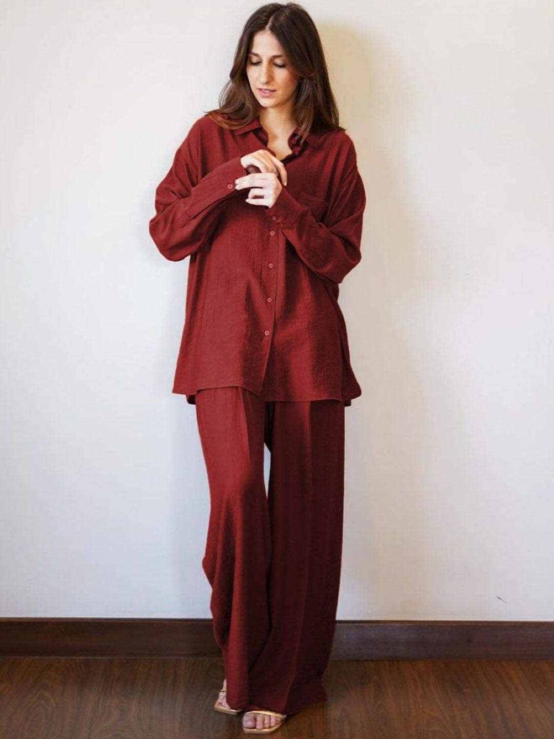 

AUTUMN LANE Long Sleeves Pure Cotton Shirt With Trouser, Maroon