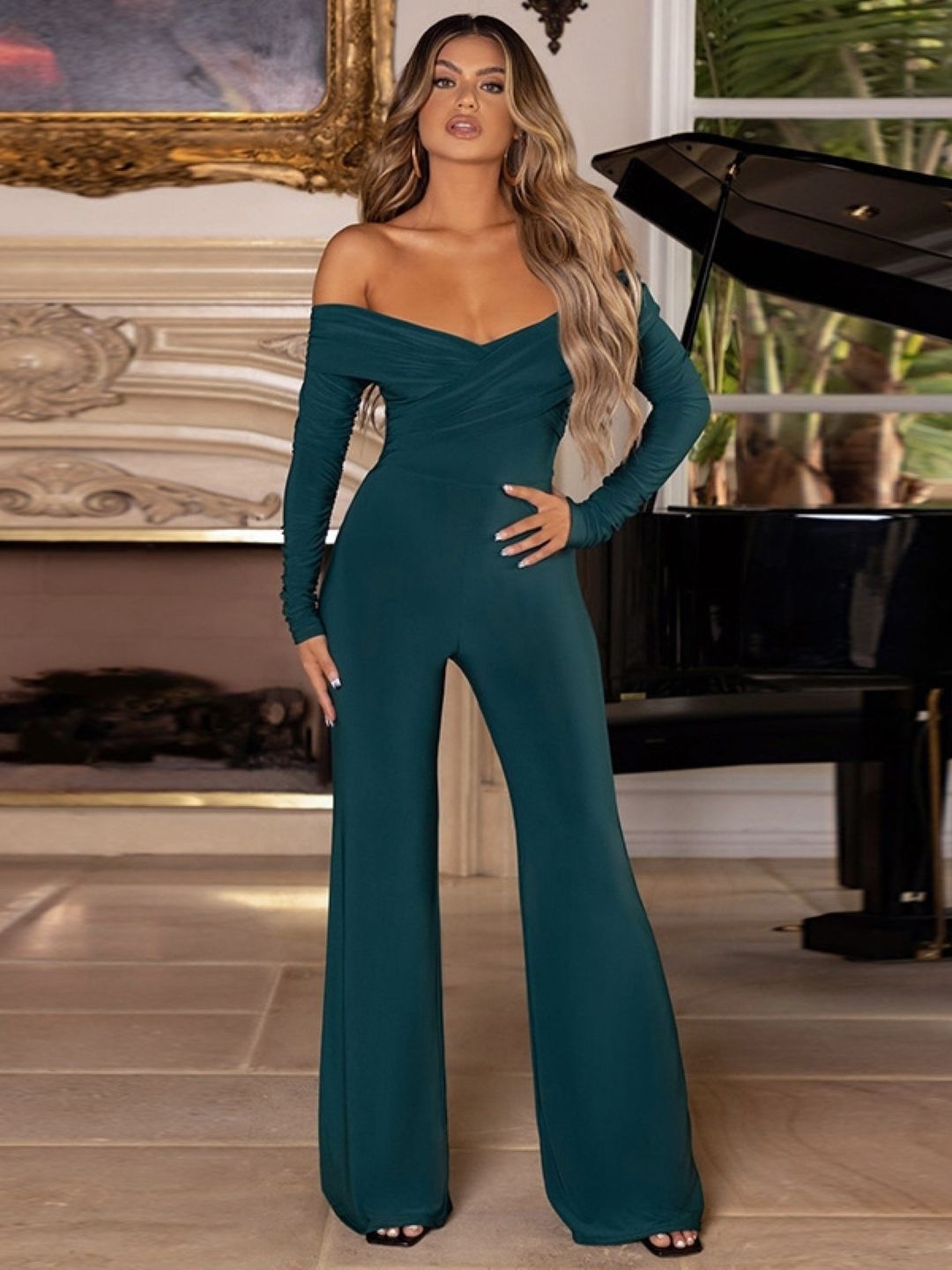 

KPOP Women Solid Long Sleeves Basic Jumpsuit, Teal