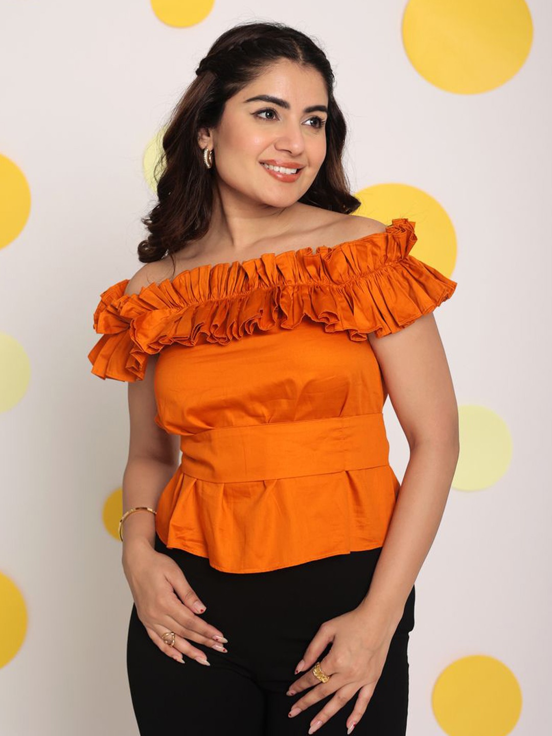

KAORI BY SHREYA AGARWAL Women Solid Off-Shoulder Cotton Top, Orange