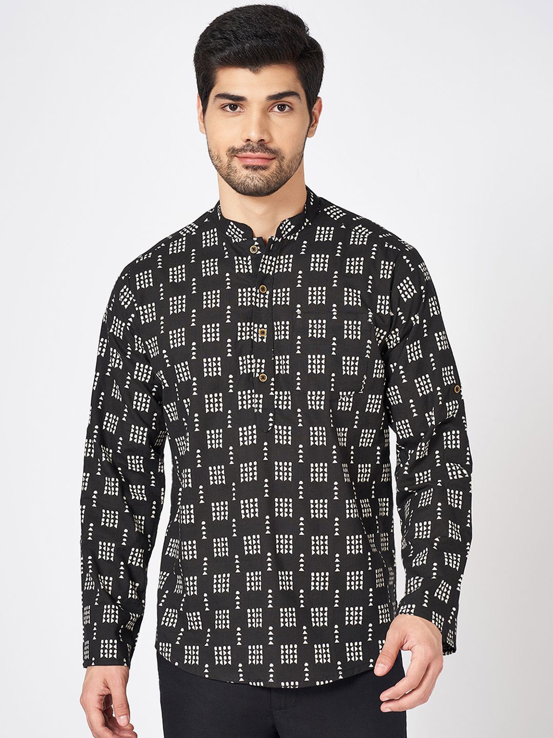 

indus route by Pantaloons Geometric Printed Mandarin Collar Straight Kurta, Blue