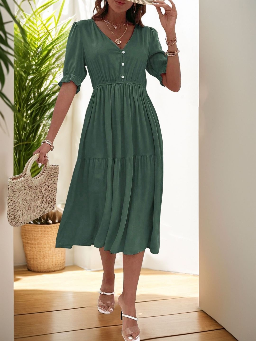 

KPOP V-Neck Puff Sleeves Gathered or Pleated Fit and Flare Midi Dress, Green