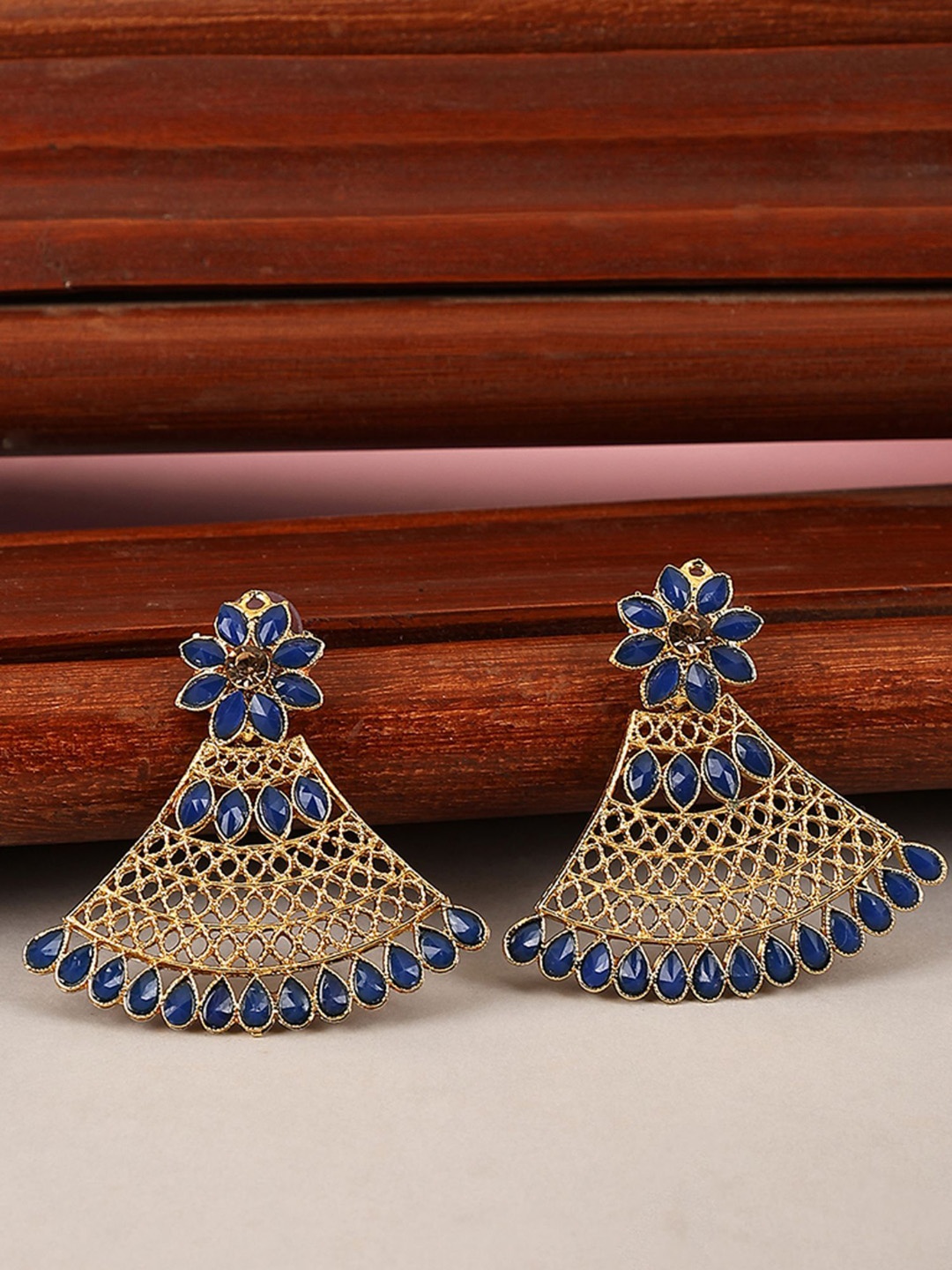 

ANIKAS CREATION Gold Plated Artificial Stones Triangular Studs, Blue