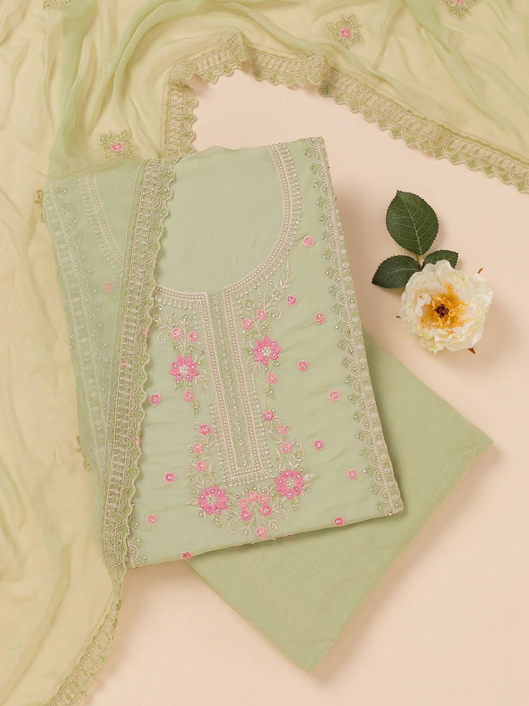 

Koskii Floral Embroidered Beads and Stones Unstitched Dress Material, Green