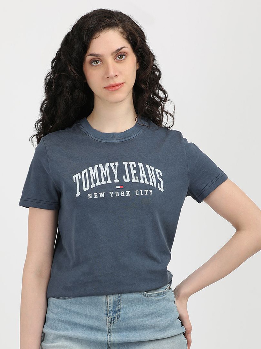 

Tommy Hilfiger Women Typography Printed Round Neck Cotton T-shirt, Blue