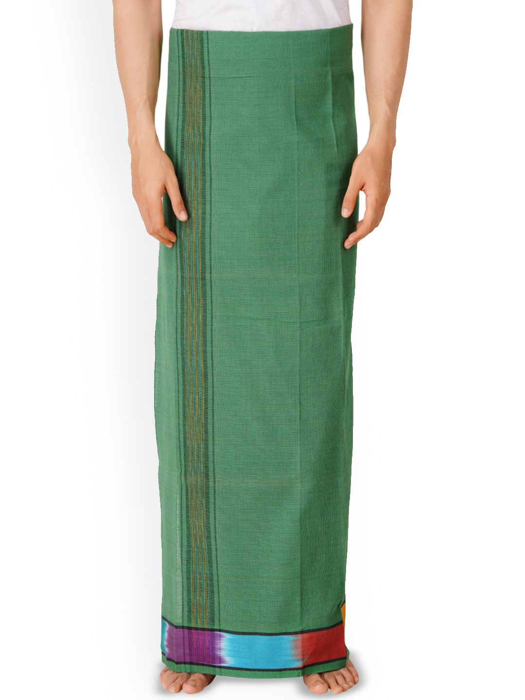 

ETHAZH Men's Cotton Dhoti with Contrast Border, Green