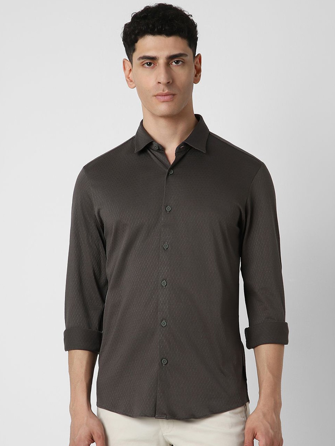 

V Dot Men Spread Collar Solid Cotton Slim Fit Party Shirt, Brown