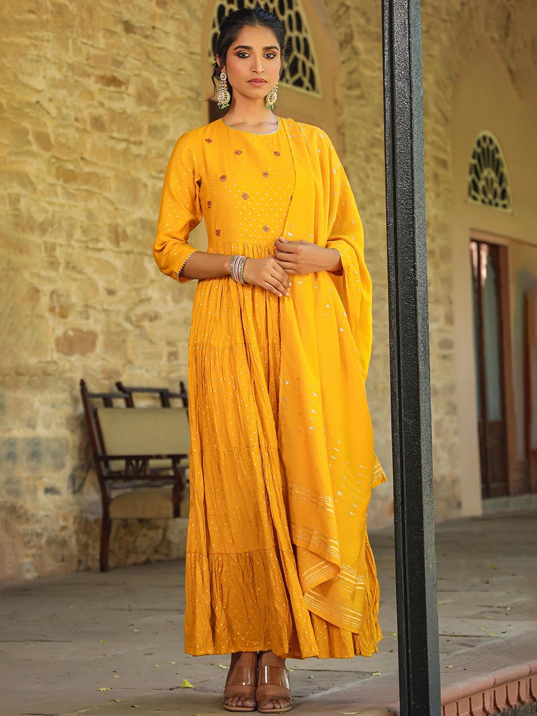 

SCAKHI Women Embellished Tiered Ethnic Dresses With Dupatta, Mustard