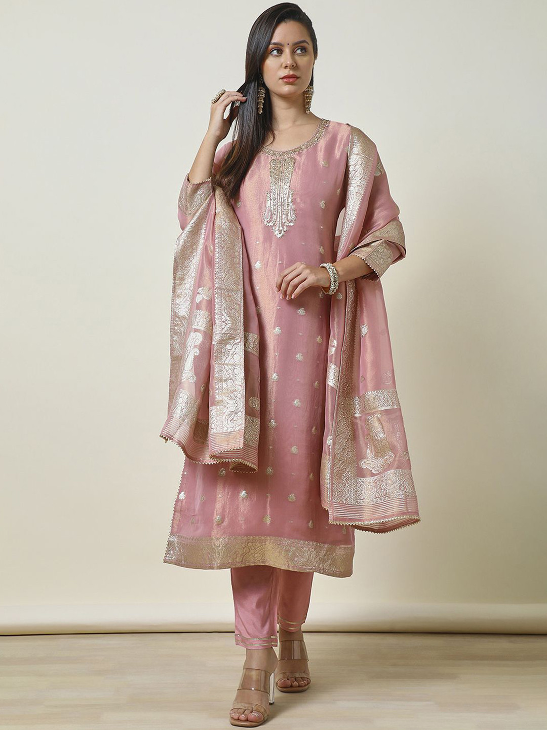 

Soch Embroidered Beads & Stones Straight Kurta with Trousers & Dupatta, Pink