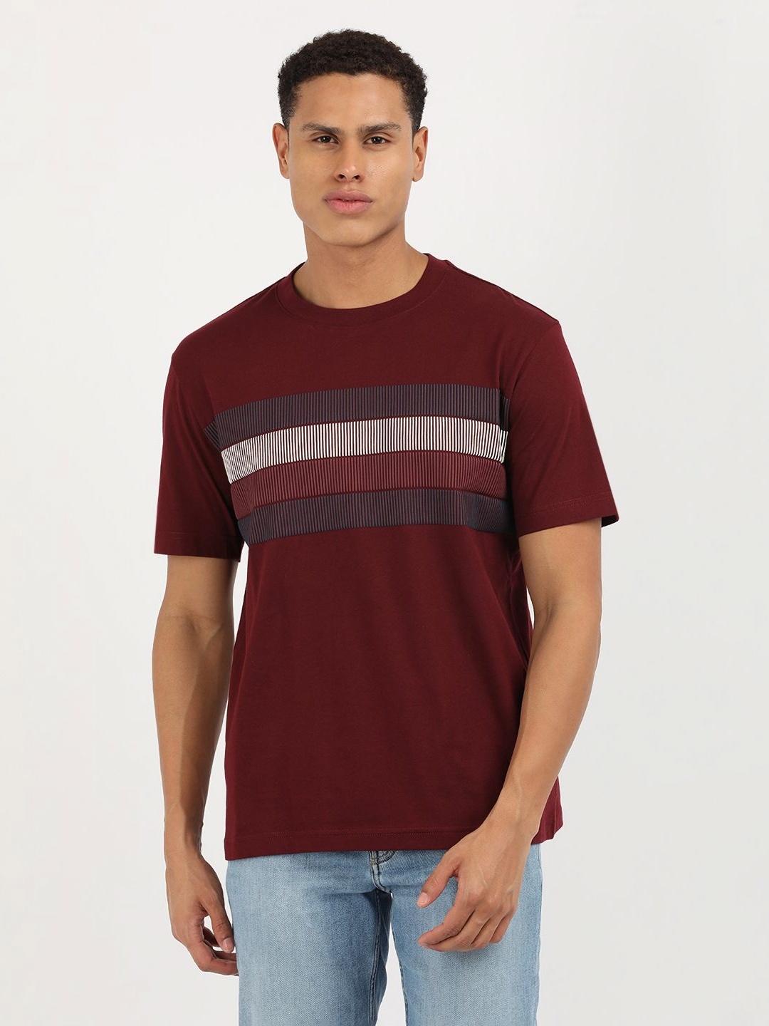 

Tommy Hilfiger Men Striped Round Neck Cotton Relaxed Fit T-shirt, Red