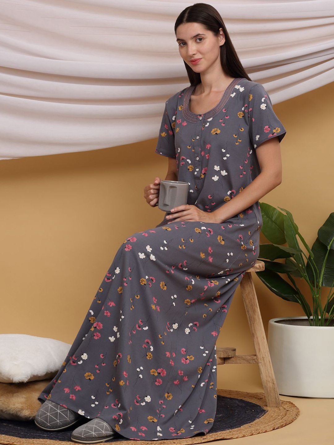 

Sweet Dreams Printed Pure Cotton Maxi Nightdress, Grey
