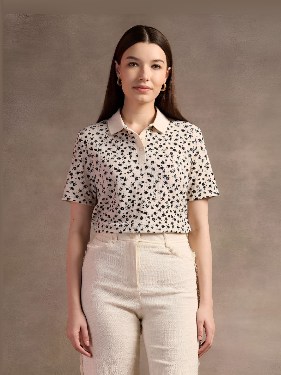 

U.S. Polo Assn. Women Floral Printed Polo Collar Boxy T-shirt, Beige